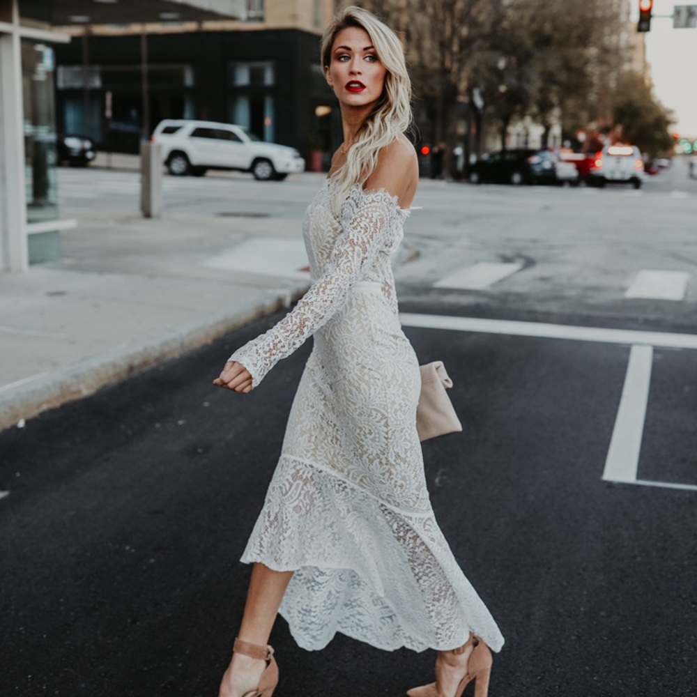 Vici elegance lace trumpet dress-white bridal midi